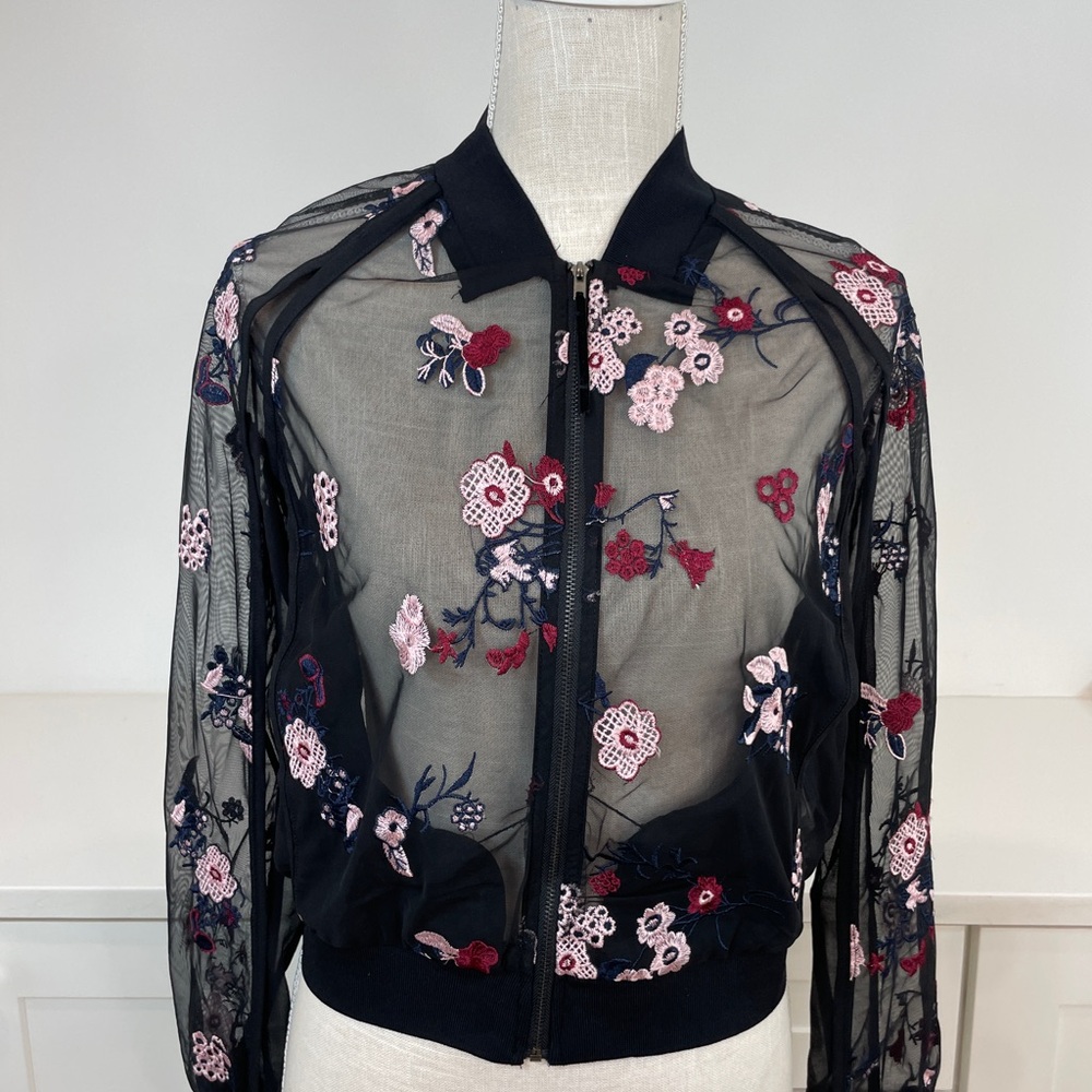 Lucy Paris Black Sheer Bomber Jacket with Pink and Red Floral Embroidery